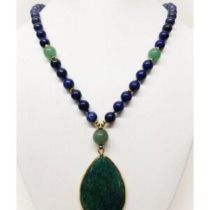 Gold Plated Lapis Lazuli Jade Beaded Lapis Lazuli & Malachite Pendant Necklace